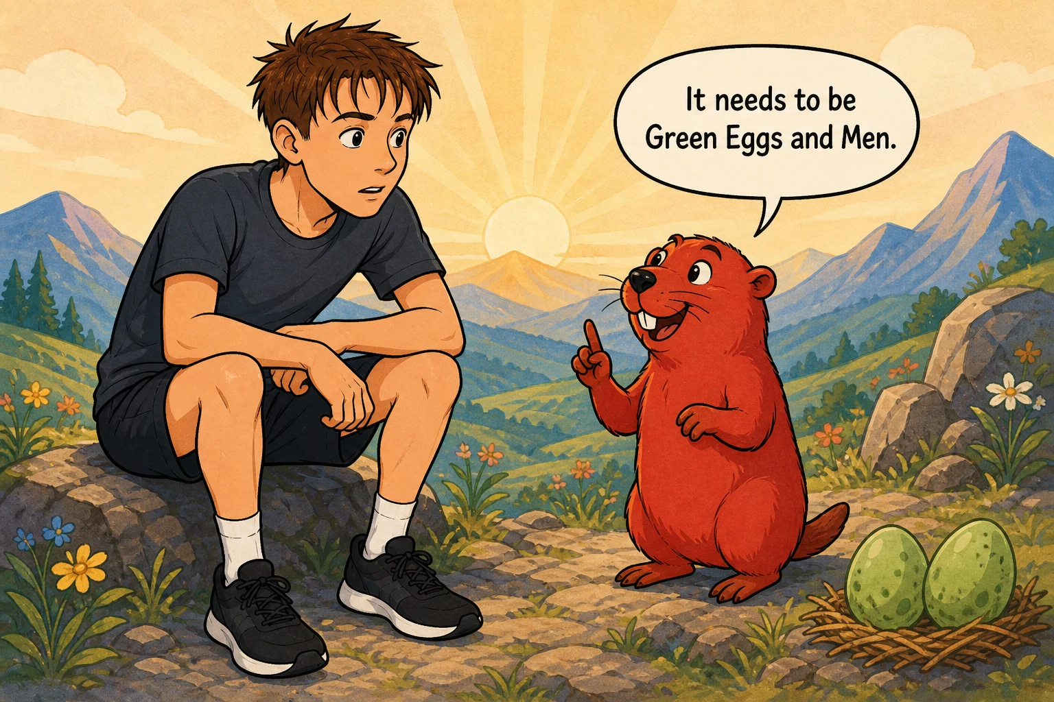 Sake seated on a sunny mountain while Harold, a red gopher, tells him the group-chat name should be Green Eggs and Men